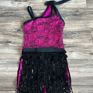 Weissman Fuchsia and Black Dance Costume with Fringe